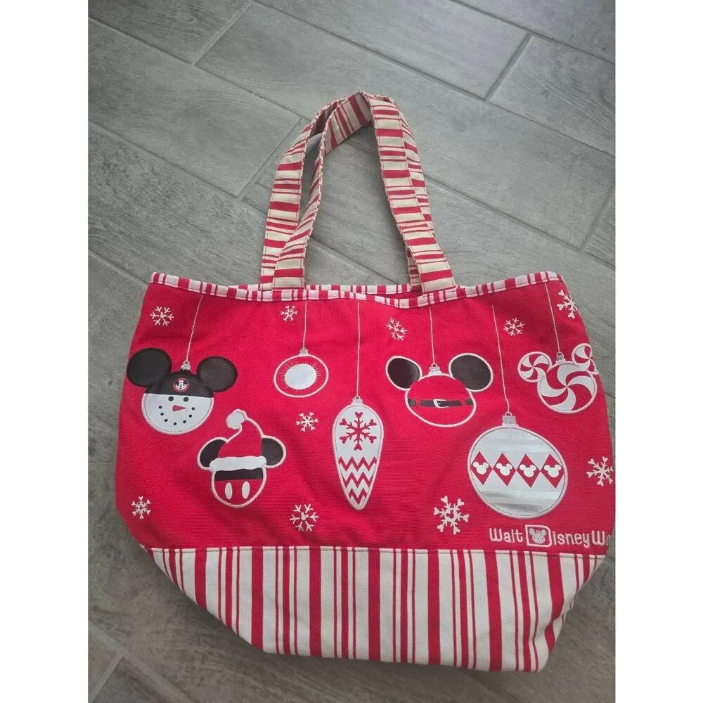 Disney World Parks Christmas Tote Bag Canvas Red‎ White Holiday Mickey Minnie